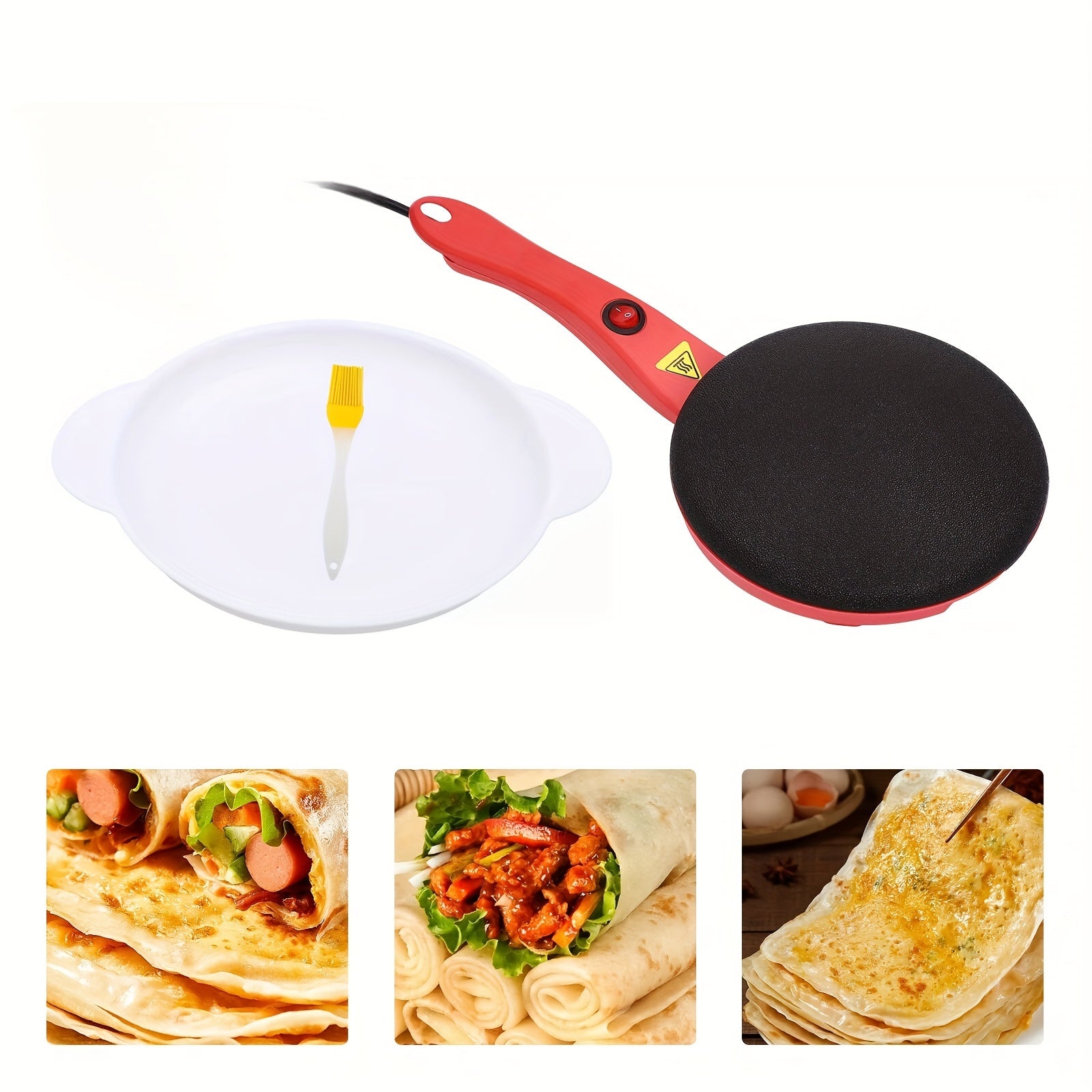 Creador de crepes eléctrico de 600W con sartén antiadherente, espátula para raspar y brocha para aceite