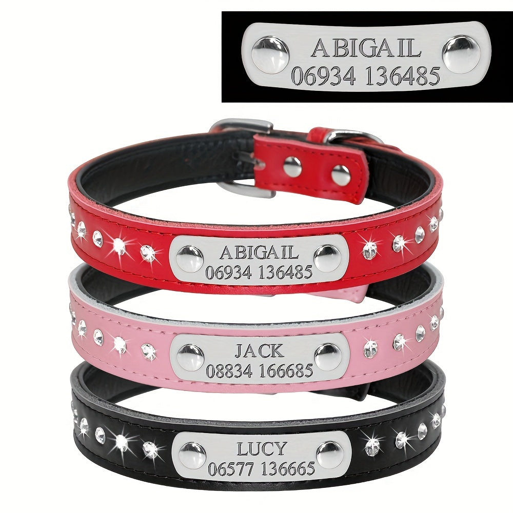 Leather Pet Collar for Small Dogs and Kittens Adjustable with Nameplate and Free Engraving