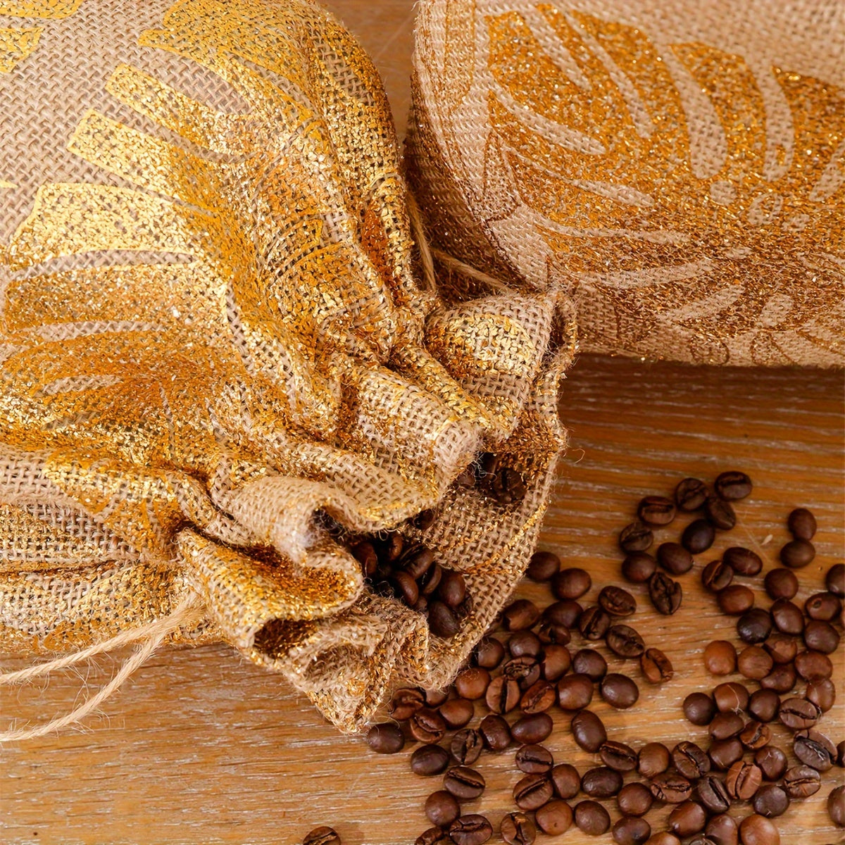 Juego de 2 bolsas de lino para granos de café, a prueba de humedad, con detalles en dorado