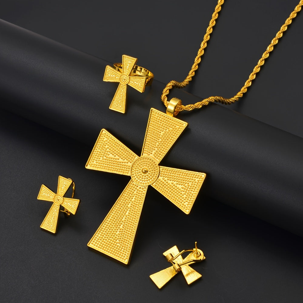 Female Punk Style Jewelry Set with Cross Earrings Necklace and Ring Zinc Alloy 18K Plated