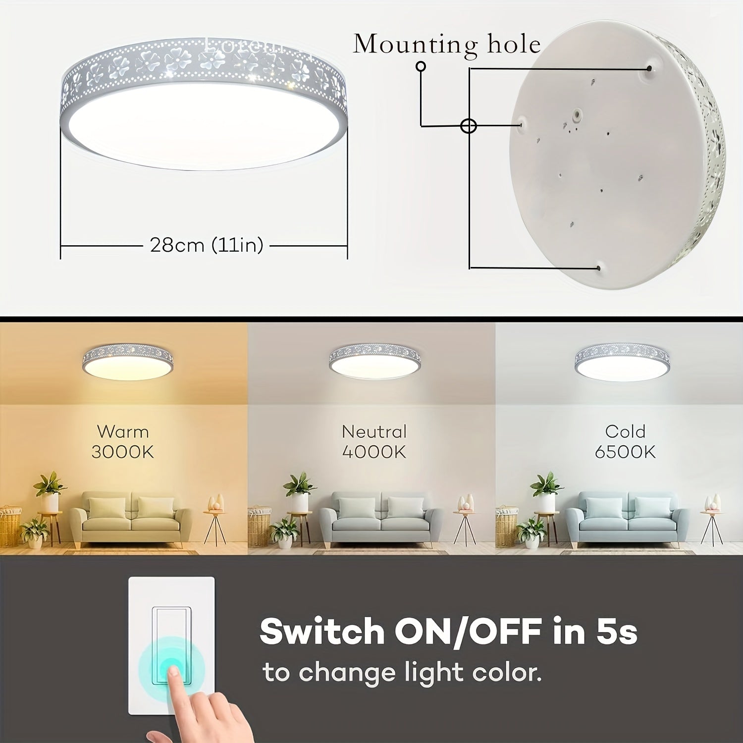 LED Ceiling Light with Remote Control Dimmable Adjustable Color Temperature 2700K-6400K for Indoor Bedrooms and Schools