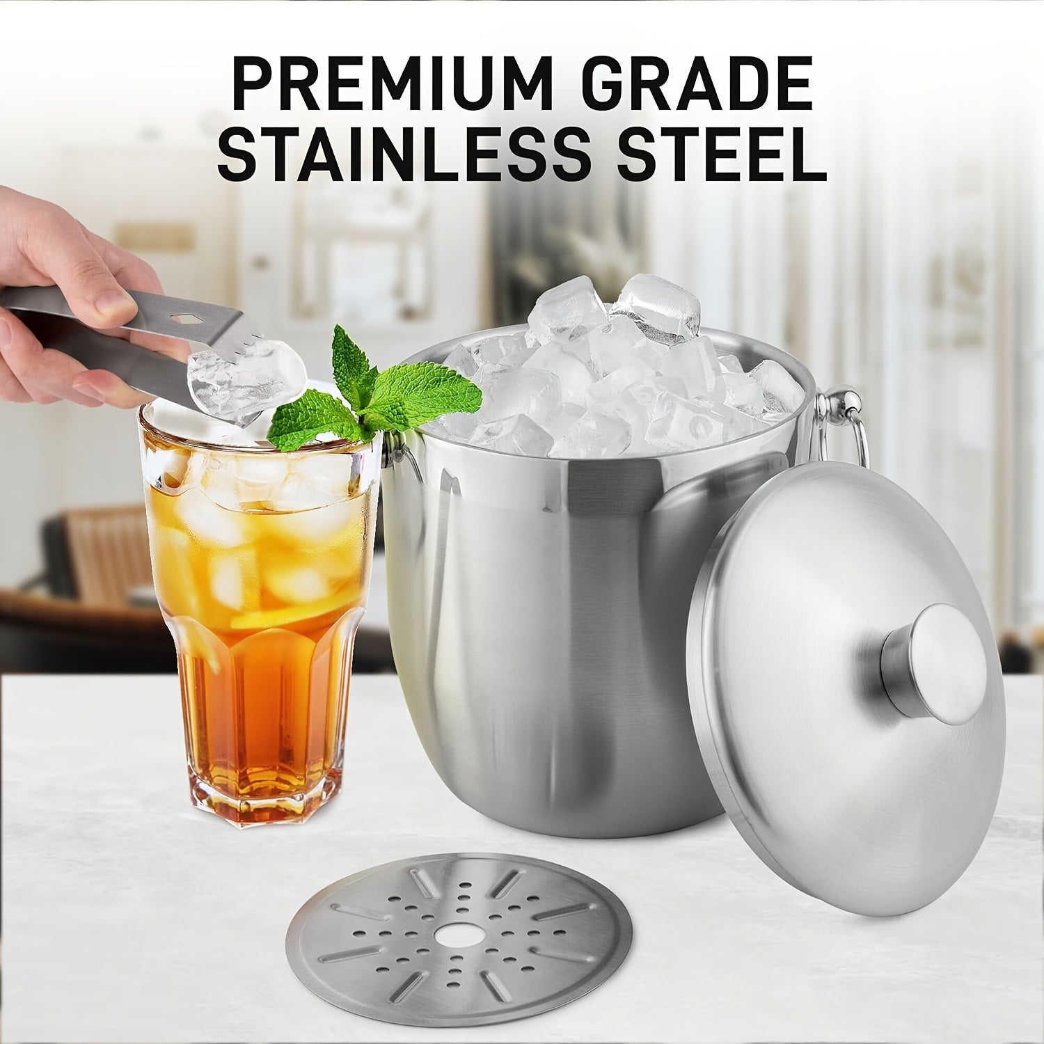 Large 3L Stainless Steel Double-Walled Ice Bucket with Lid and Tongs