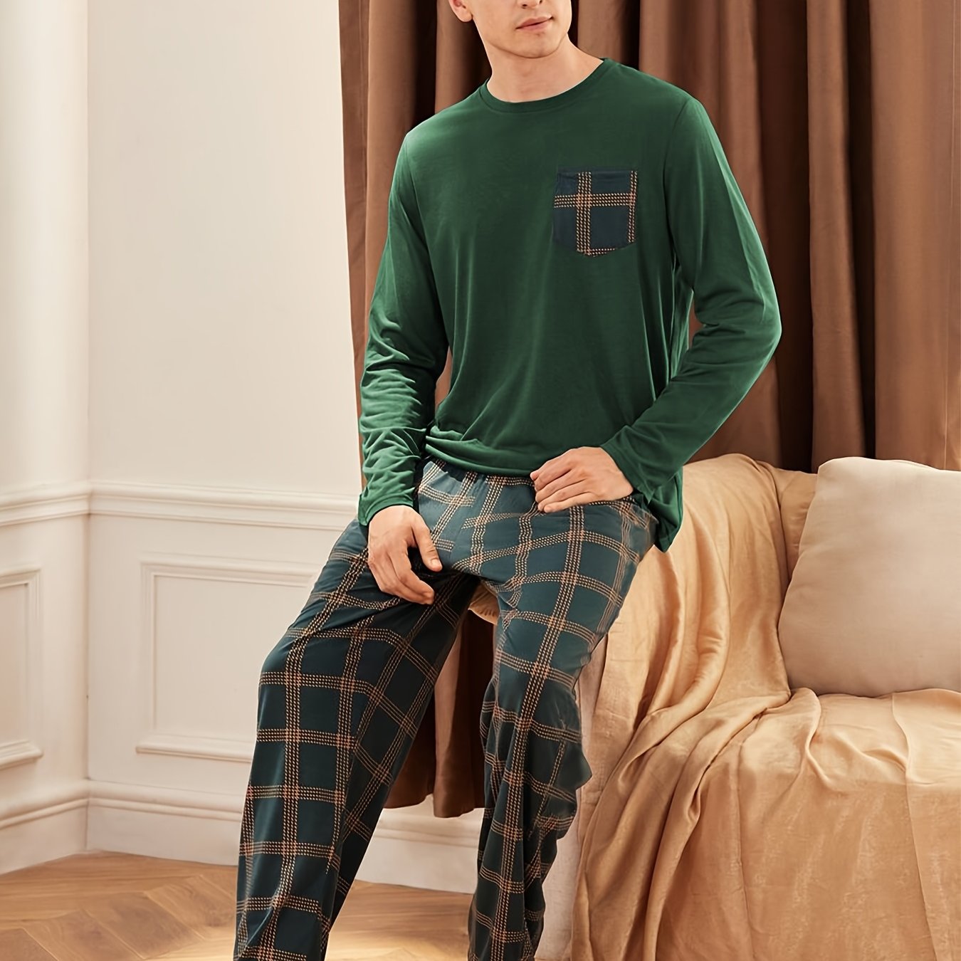 Men's Dark Green Long Sleeve Pajama Set with Plaid Trousers