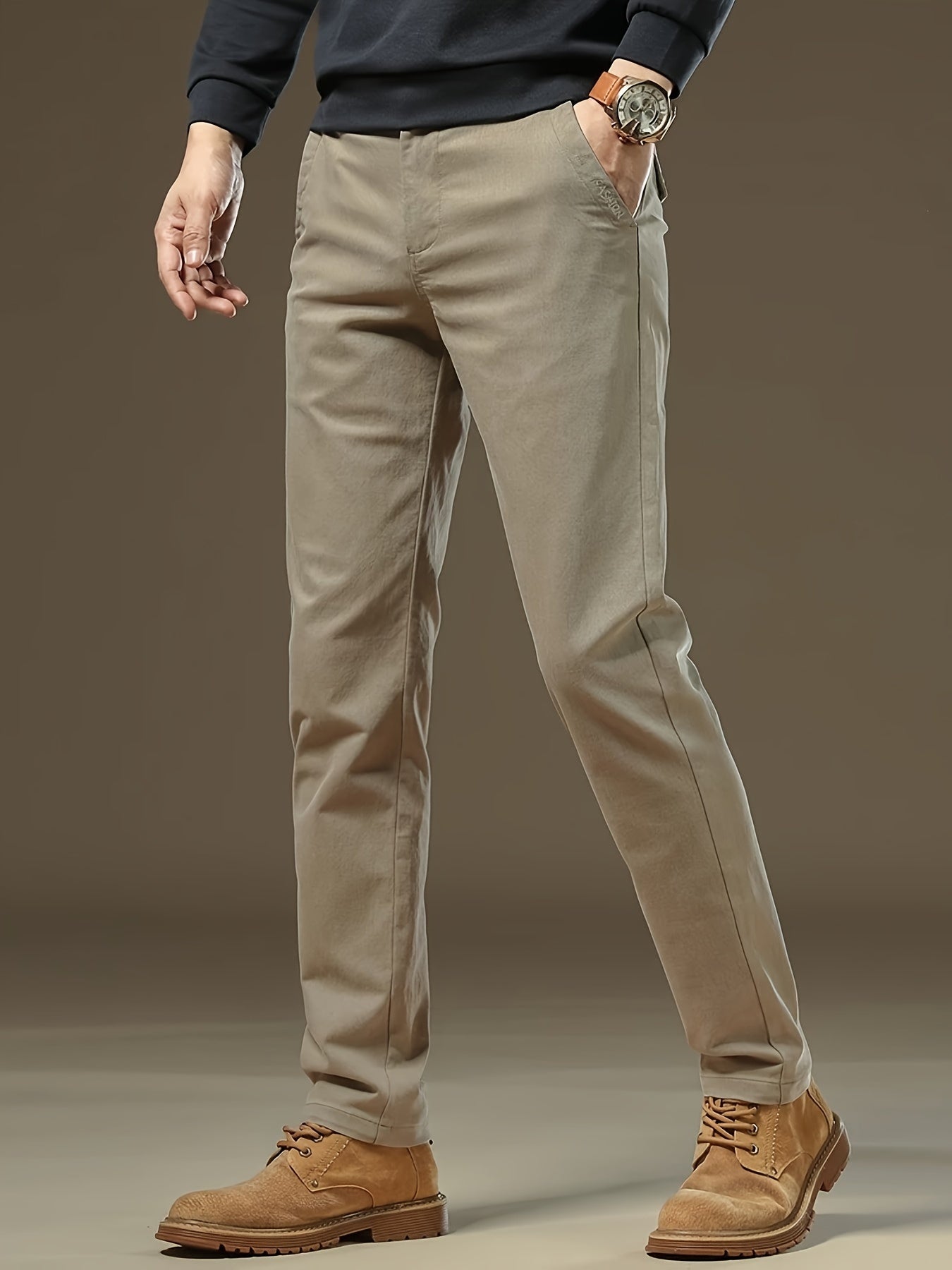Pantalones de vestir para hombre color caqui de algodón y spandex, corte clásico, casual de negocios, primavera y otoño