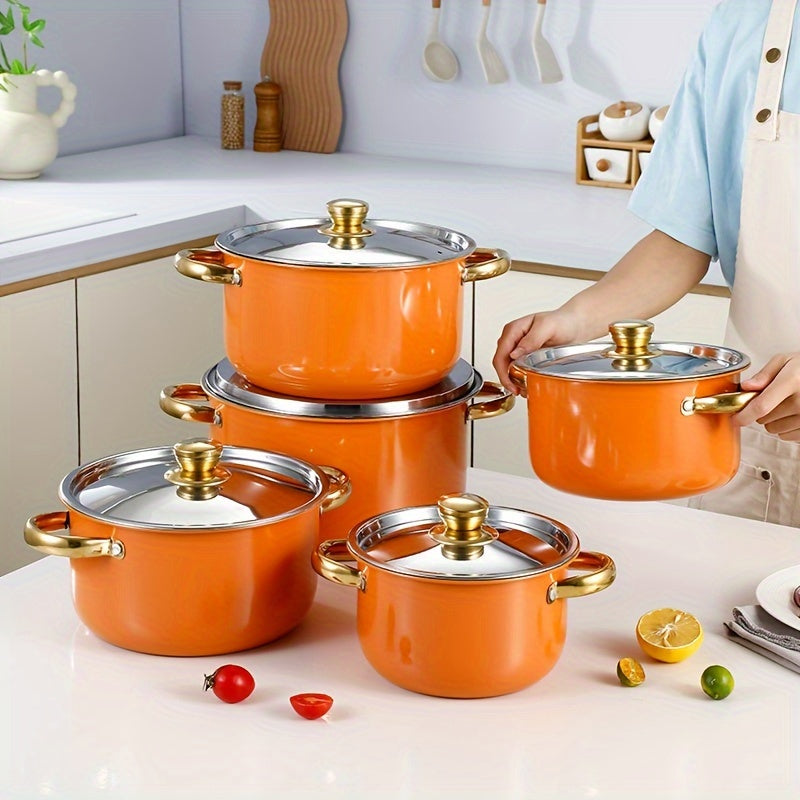 Set of 5 Orange Stainless Steel Cookware Pots with Lids for All Stovetops