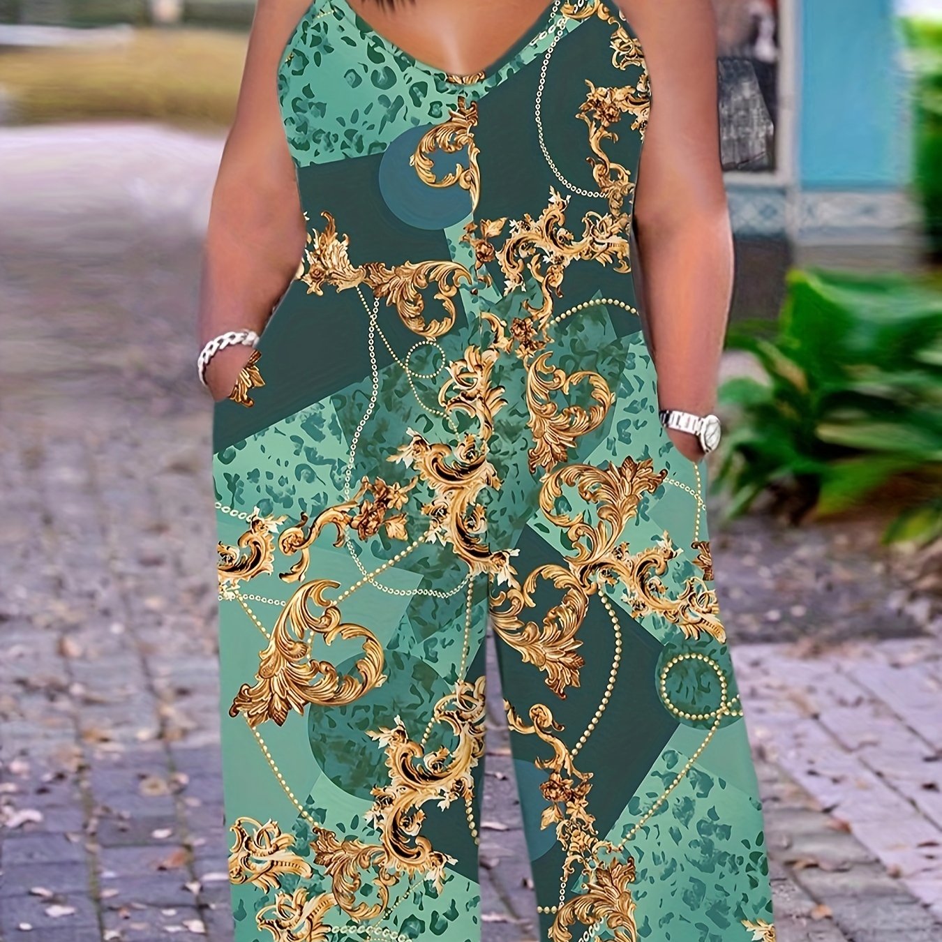 Plus Size Geometric Print Slip Jumpsuit Casual V Neck Sleeveless Pockets