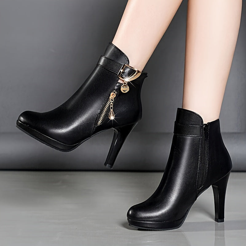 Women's Leather High Heel Platform Ankle Boots Classic Black