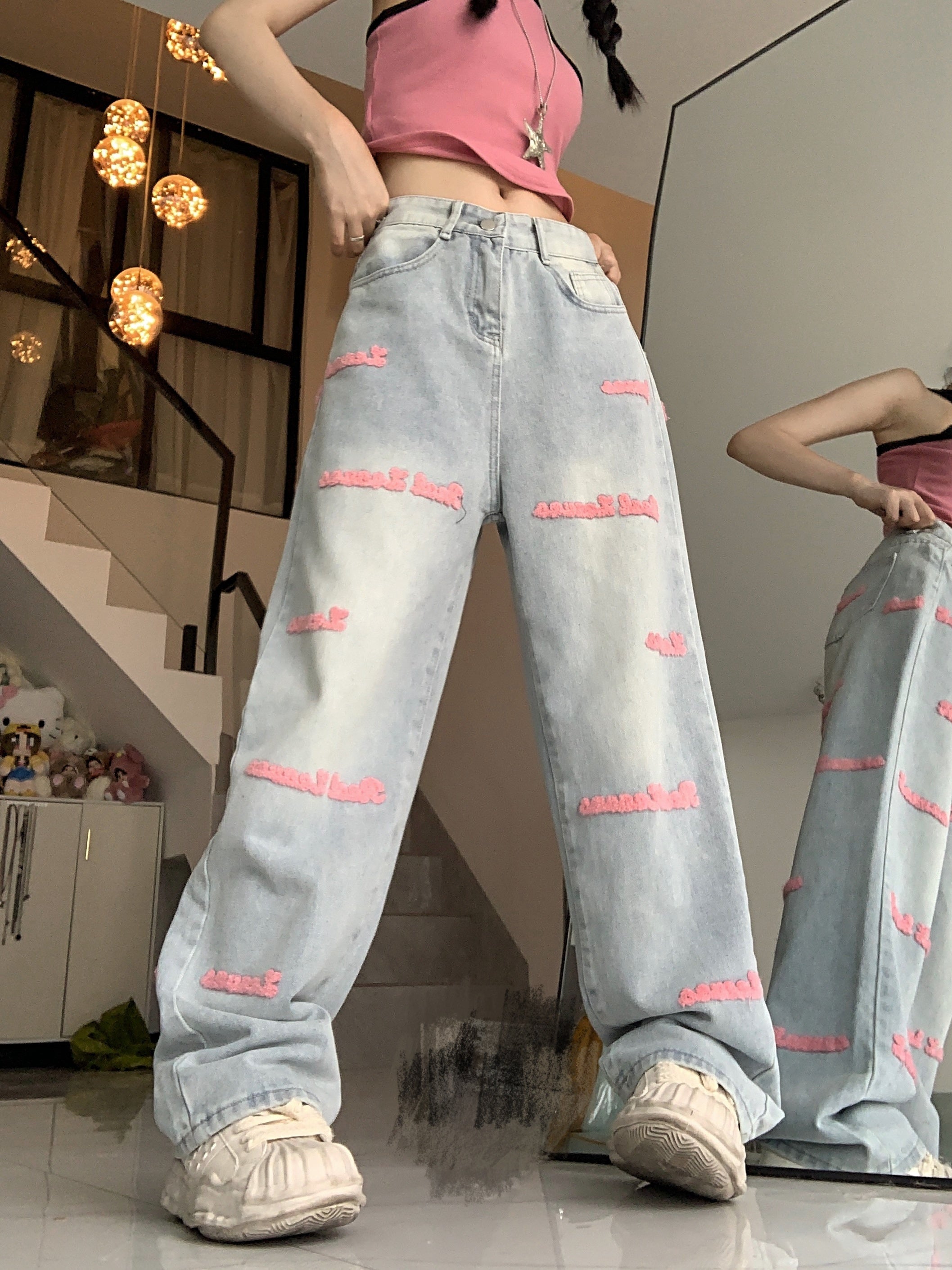 High-Waisted Embroidered Denim Jeans with Straight Leg and Button Fly Closure