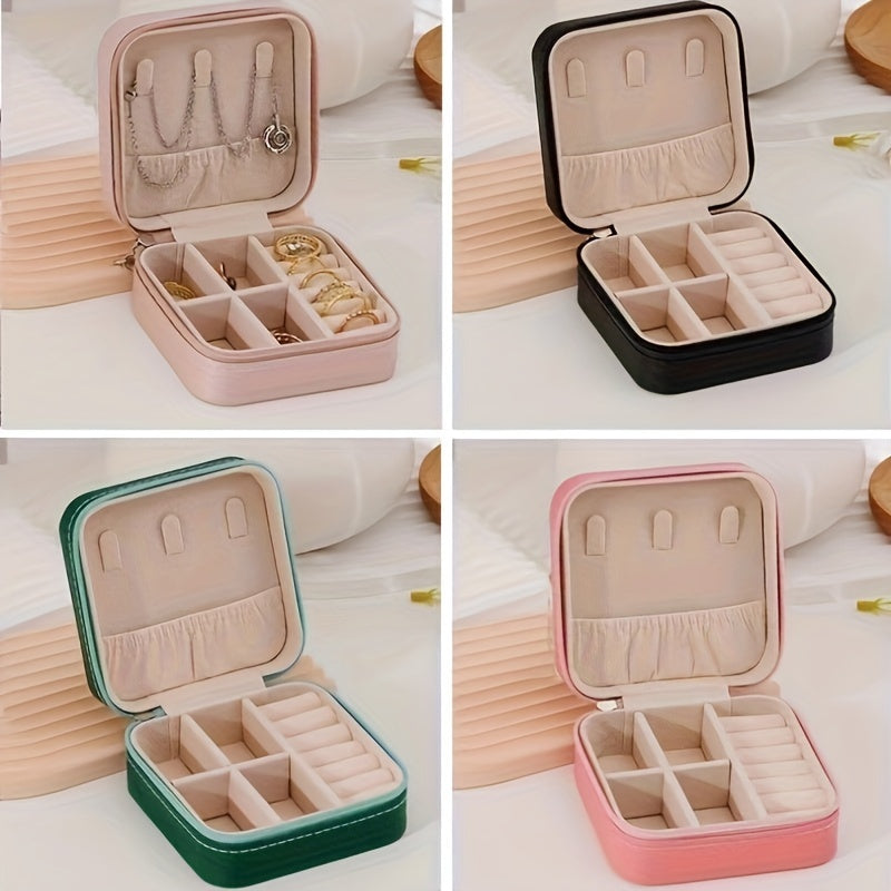 Faux Leather Jewelry Organizer with Necklace Hooks and Zippered Storage