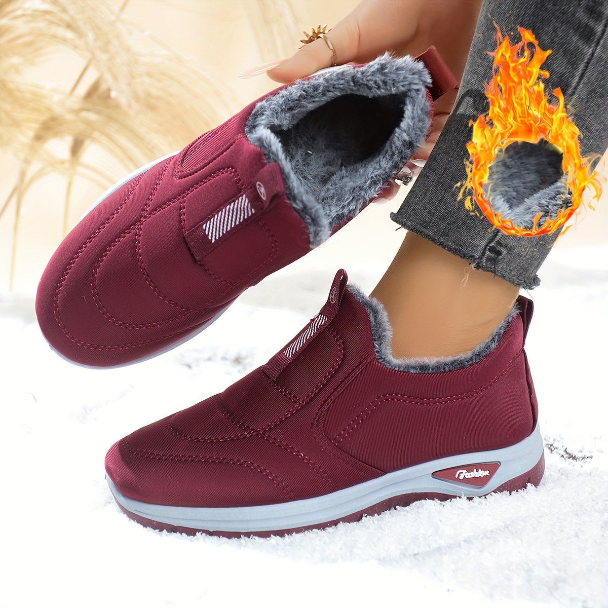 Women's Fleece-Lined Ankle Boots Black Red Slip-On Winter Outdoor