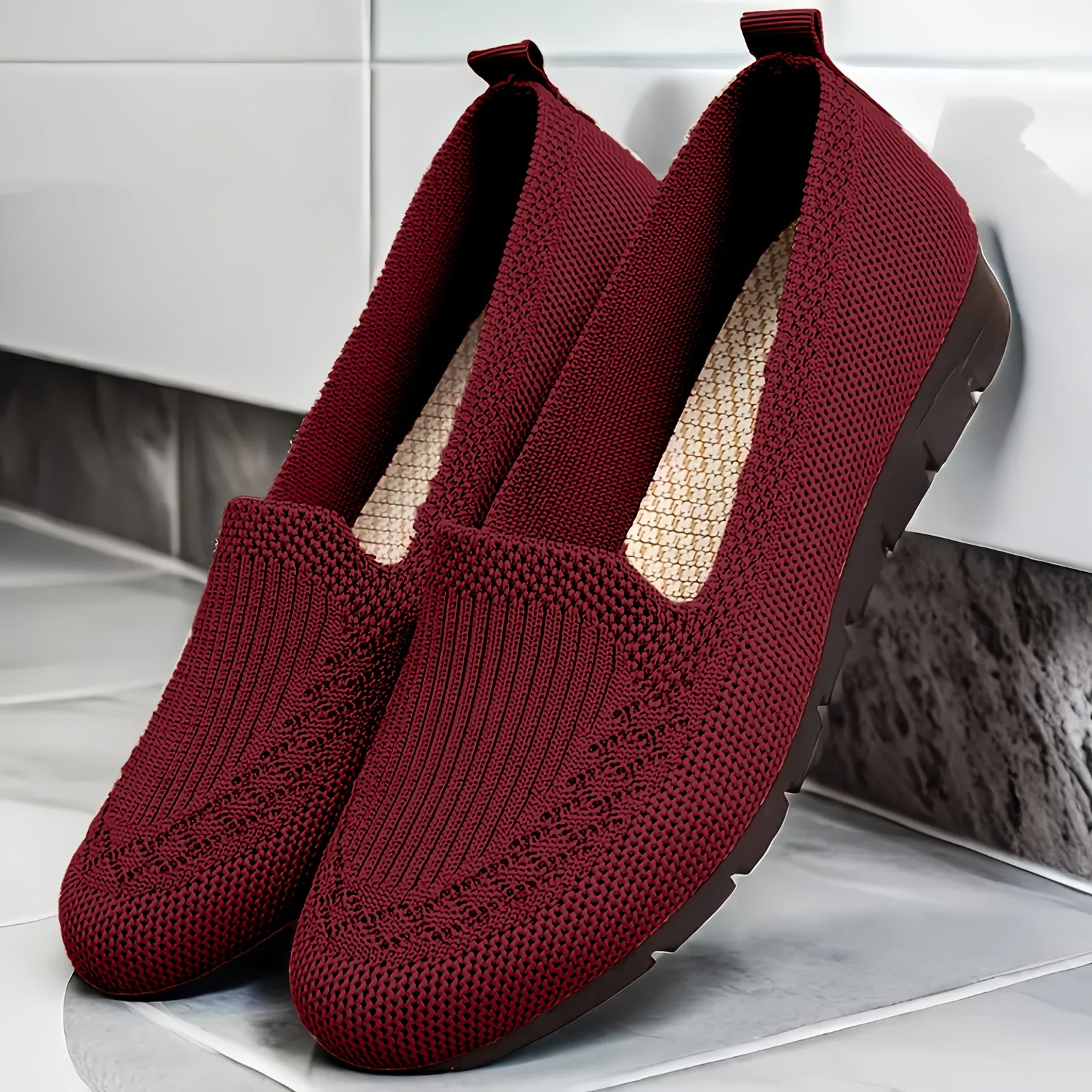 Women's Knit Slip-On Loafers Breathable Red All-Season Shoes