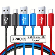 3pcs Nylon Braided USB C Charging Cables Fast Data Transfer for Samsung Google Pixel LG Sony Oppo Moto