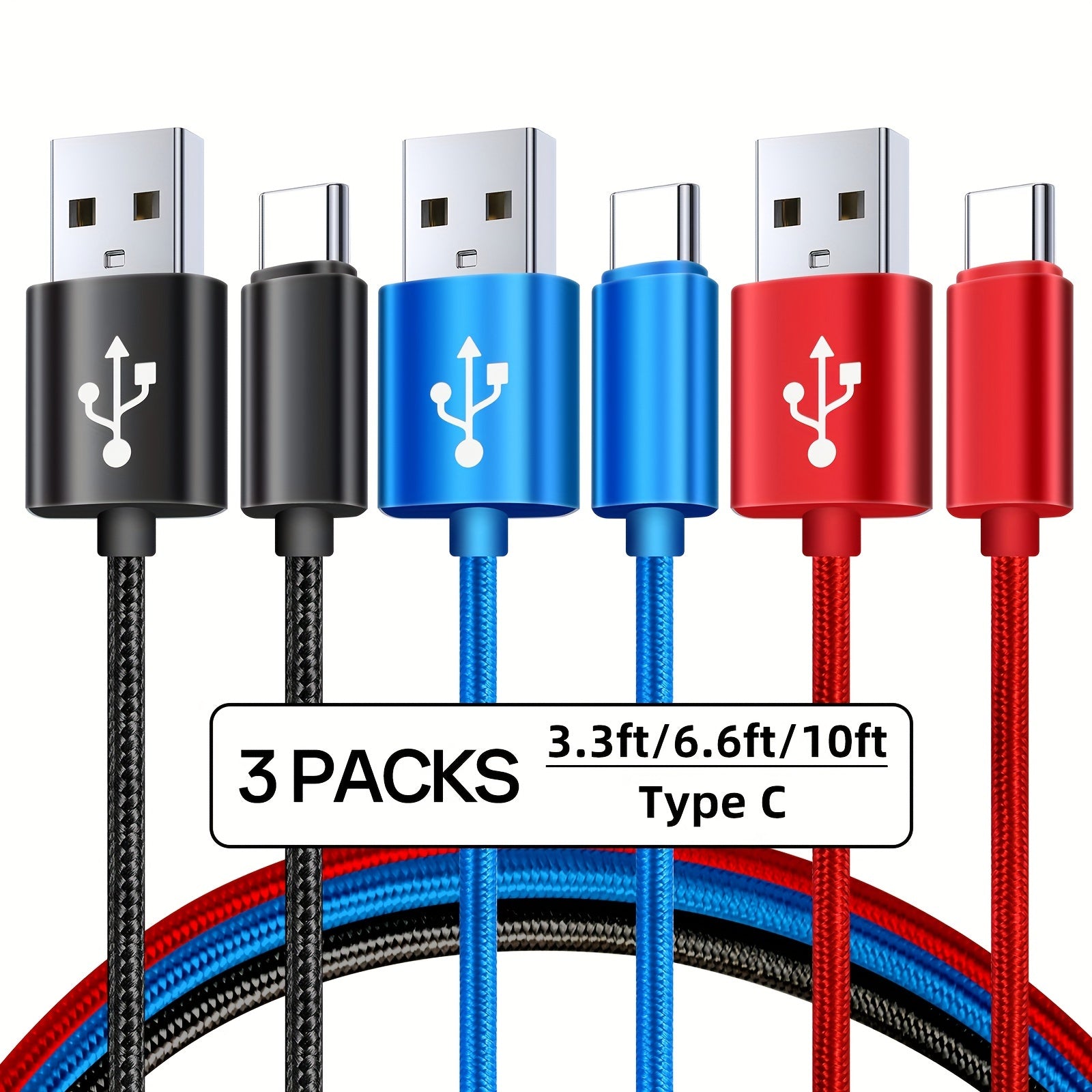 3pcs Nylon Braided USB C Charging Cables Fast Data Transfer for Samsung Google Pixel LG Sony Oppo Moto