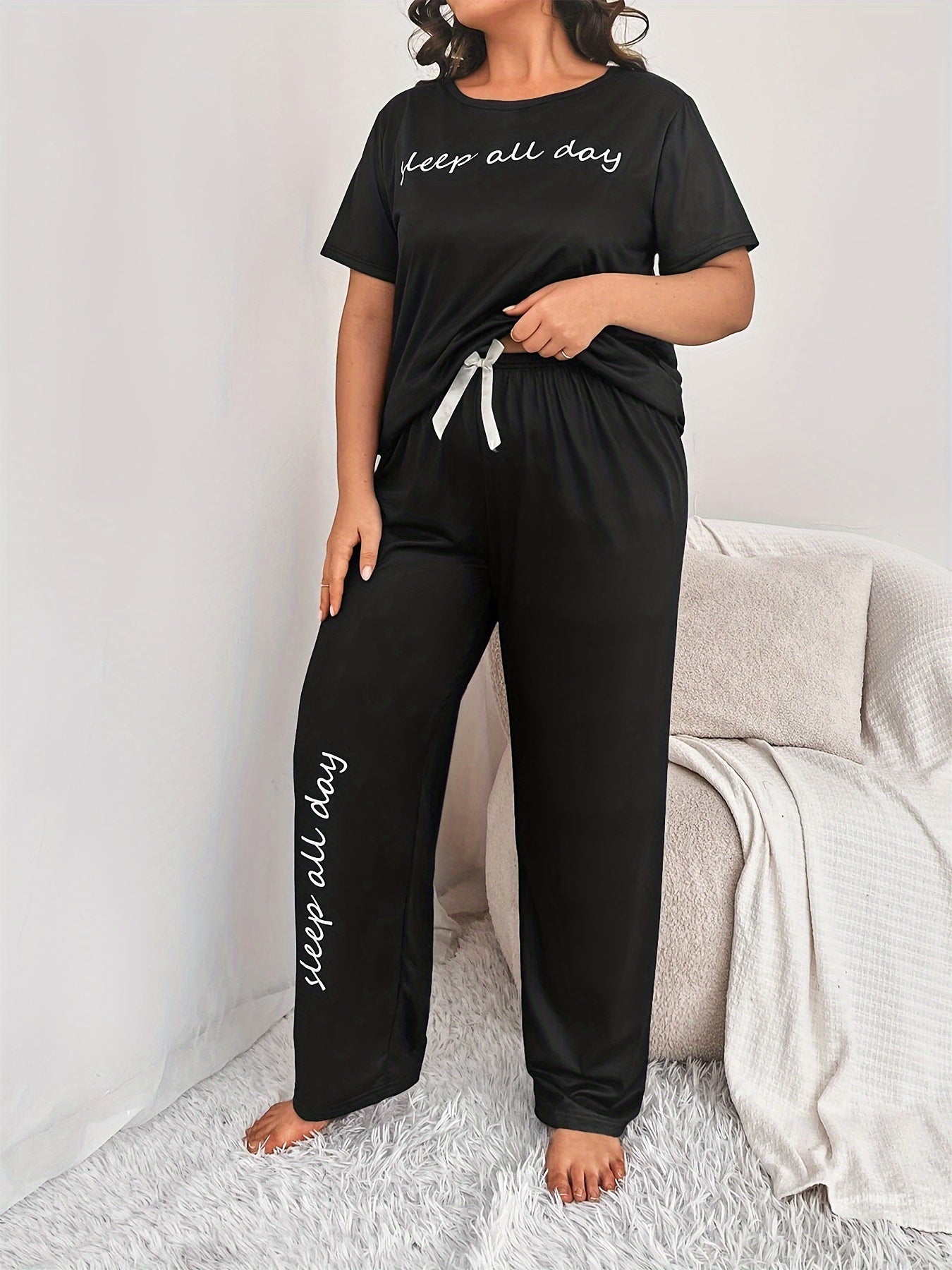 Women Plus Size Pajama Set Cotton Short Sleeve T-Shirt and Pants Home Wear