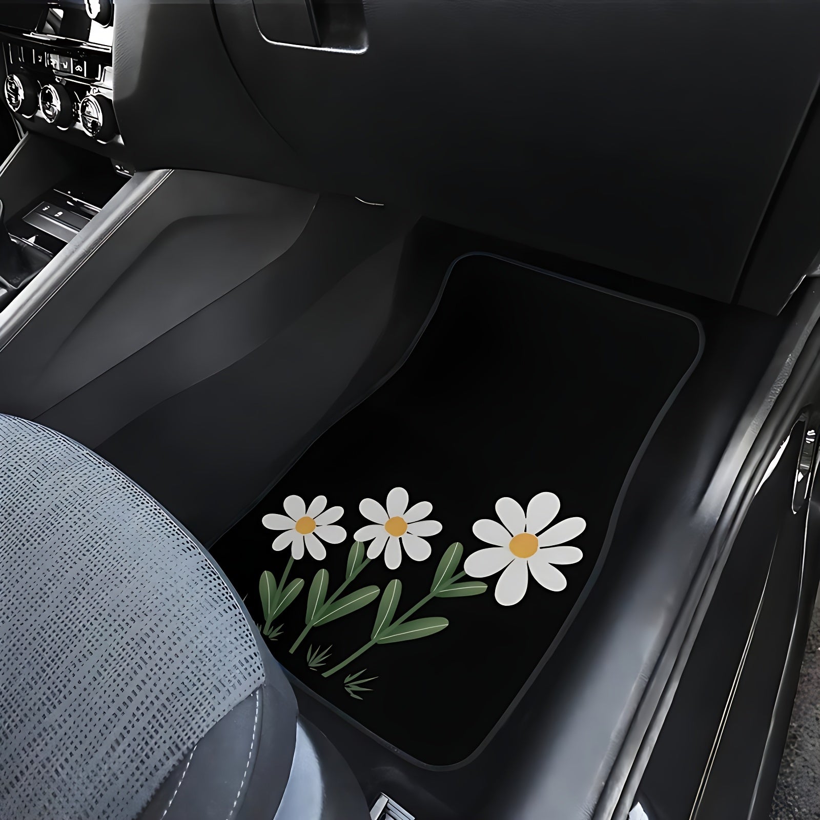 White Daisy Print Car Floor Mats Set for Sedan and SUV Non-Slip Durable