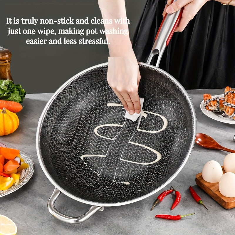 Stainless Steel Frying Pan with Lid Handle Non-Stick for Induction Gas Camping 32cm 34cm 36cm