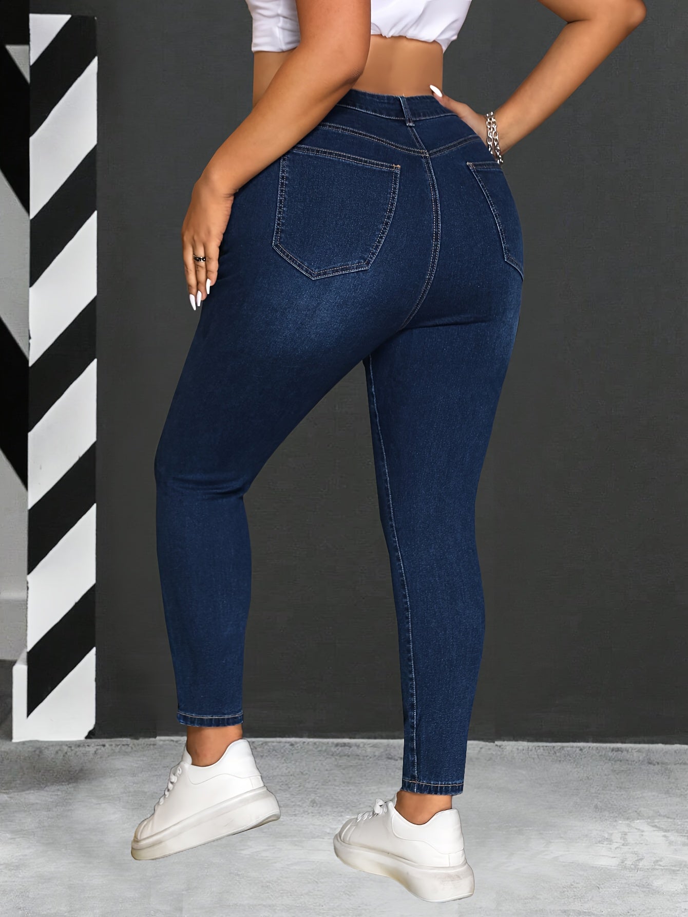 Plus Size High Stretch Skinny Jeans Solid Color Denim Cotton Blend Long Length Woven Pants