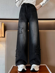 Girls Black Denim Jeans with Elastic Waist Straight Leg Street Style for Ages 9-15