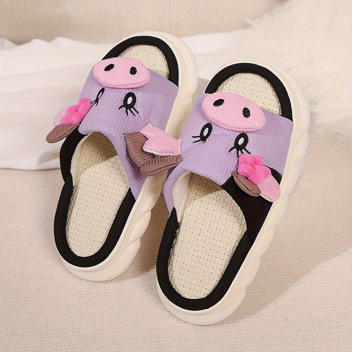 Women's Cow Print Slip-On Slippers Soft Fabric Indoor Outdoor Shoes