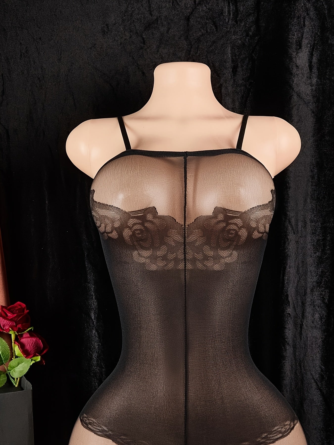 Women's Floral Lingerie Jumpsuit with Lace Up Back Open Crotch Stocking Light Support