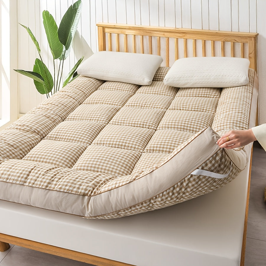 1 dona Ultra-Yumshoq Qoplangan Matras Qoplamasi, Gingham naqshi, Polyester to'ldiruvchi, 15.24-55.88 sm to'siq uchun elastik moslama, Mashinada yuvish mumkin - Yotoqxona, Mehmon xonasi, Talaba yotoqxonasi, To'liq o'lcham uchun ideal