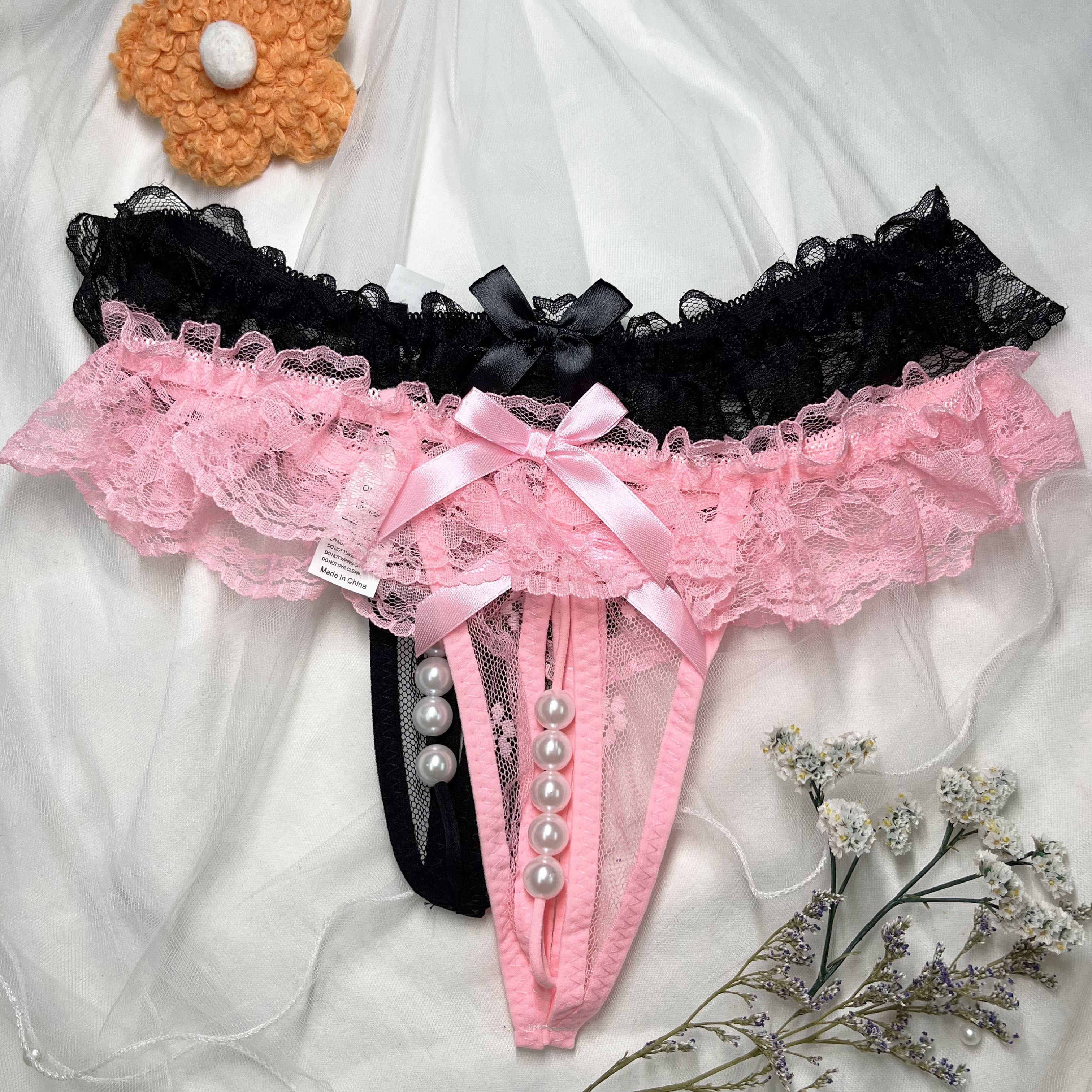 Women's Lace Trim Thongs with Faux Pearls Open Crotch Low Waist Sexy Lingerie