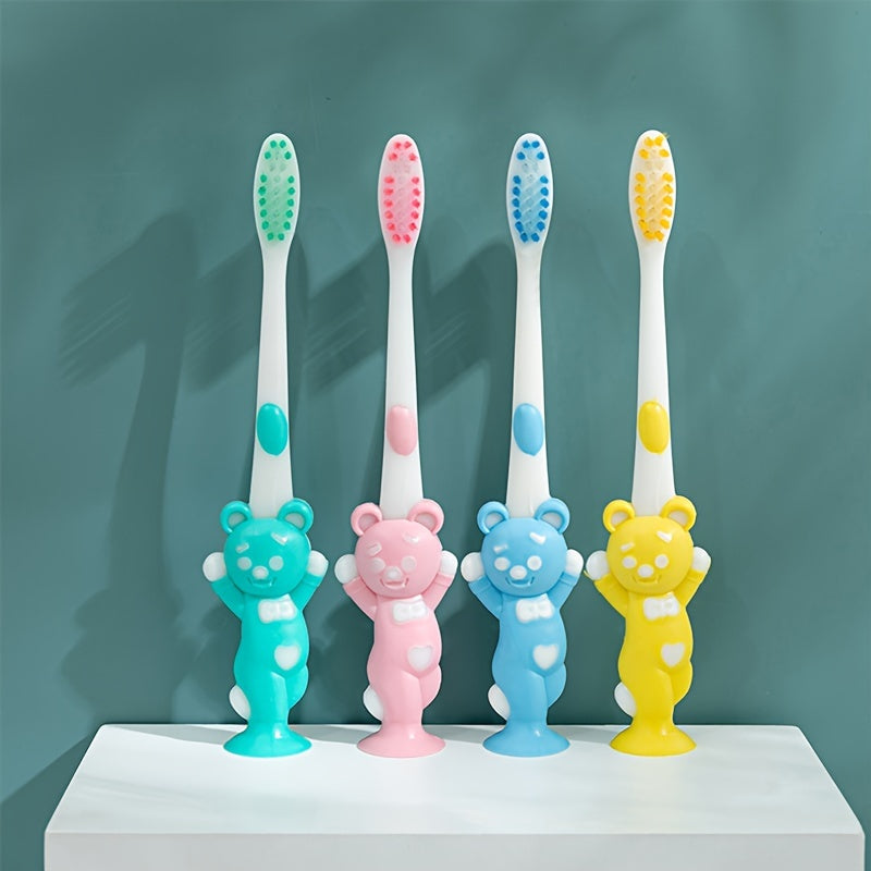 Set of Four Soft-Bristled Charcoal Toothbrushes with Cute Animal Designs for Kids