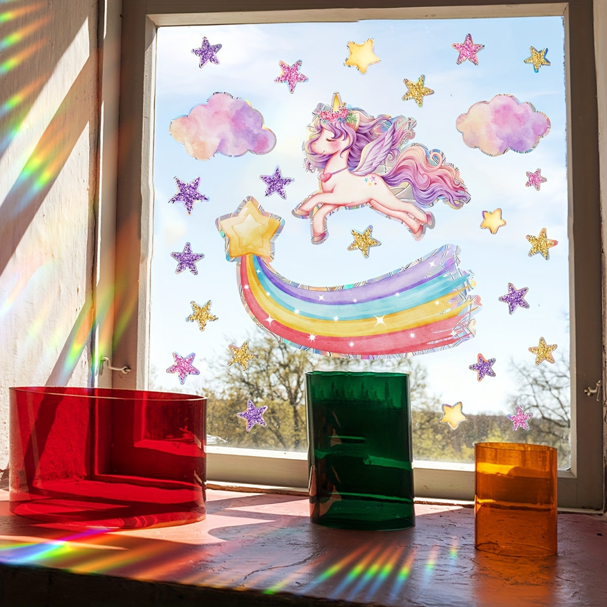 Reusable Rainbow Unicorn and Star Window Clings Matte PVC Static Decals for Glass