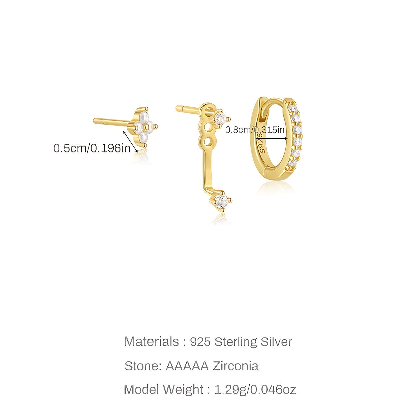 Set of 3 Sterling Silver Stud Earrings with Synthetic Zirconia April Birthstone for All-Season Wear