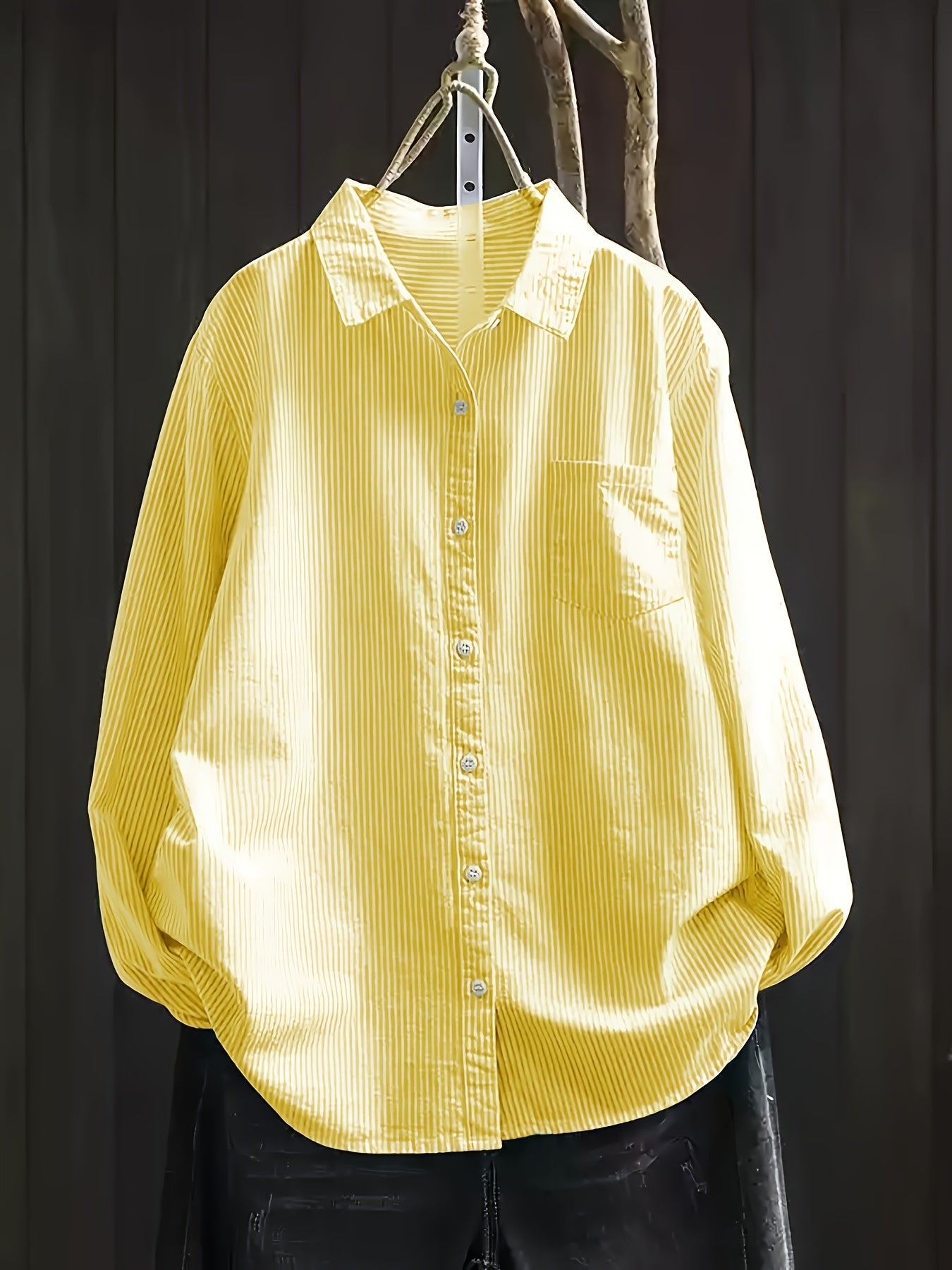 Plus Size Women's Striped Loose Fit Shirt Long Sleeve Button-Up Green White Vertical