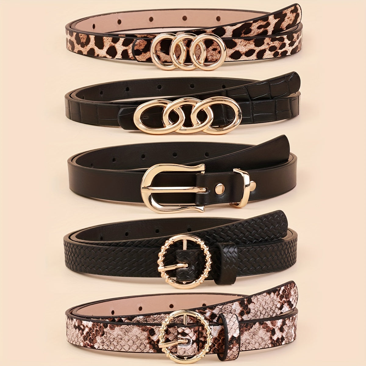 Набор из 5 женских тонких ремней из искусственной кожи в однотонных цветах для платьев и пальто