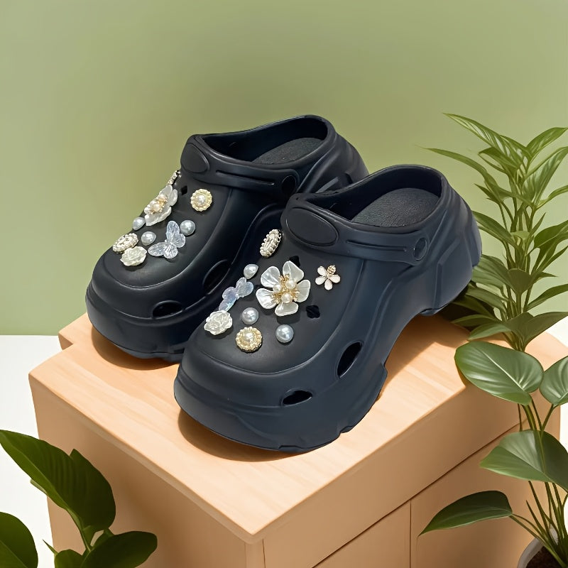 Women's EVA Clogs with Thick Sole, Floral Embellishments, Removable Accessories