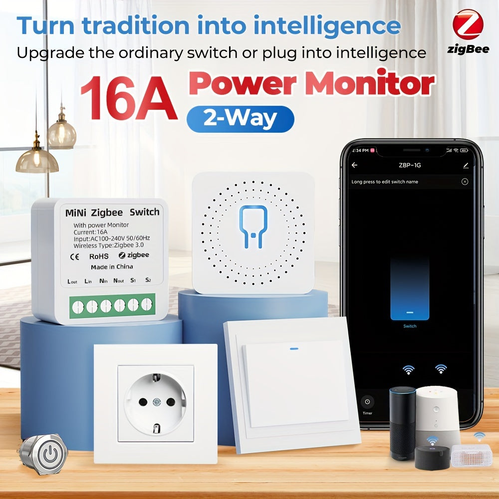 Interruptor inteligente de potencia WiFi ZigBee de 2 vías Mini 16A, control por app y voz para electrónica