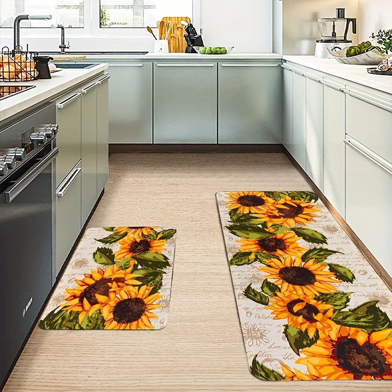 Sunflower Print Kitchen Floor Rug Water-Resistant Machine Washable Entrance Doormat