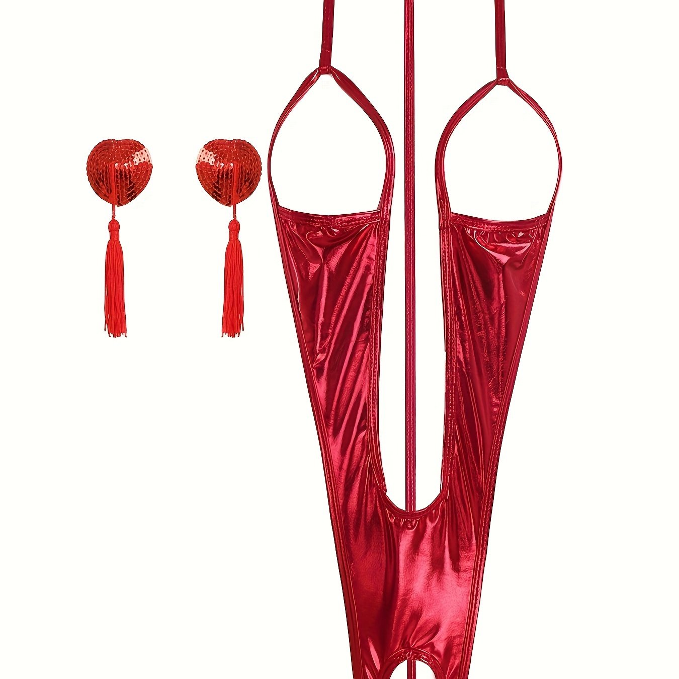 Sexy Glitter PU Leather Teddy with Halter Open Cup and Crotch Lingerie Set