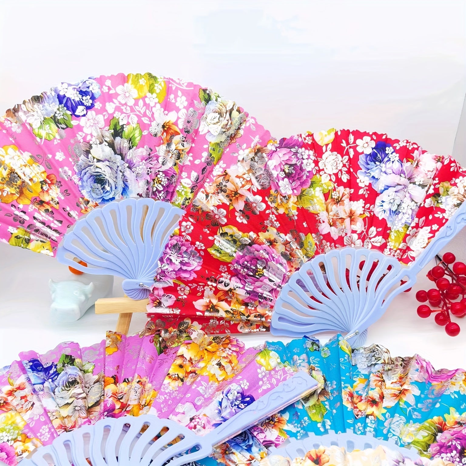 12 Elegant Floral Linen Texture Handheld Fans with Golden Accents and Folding Design