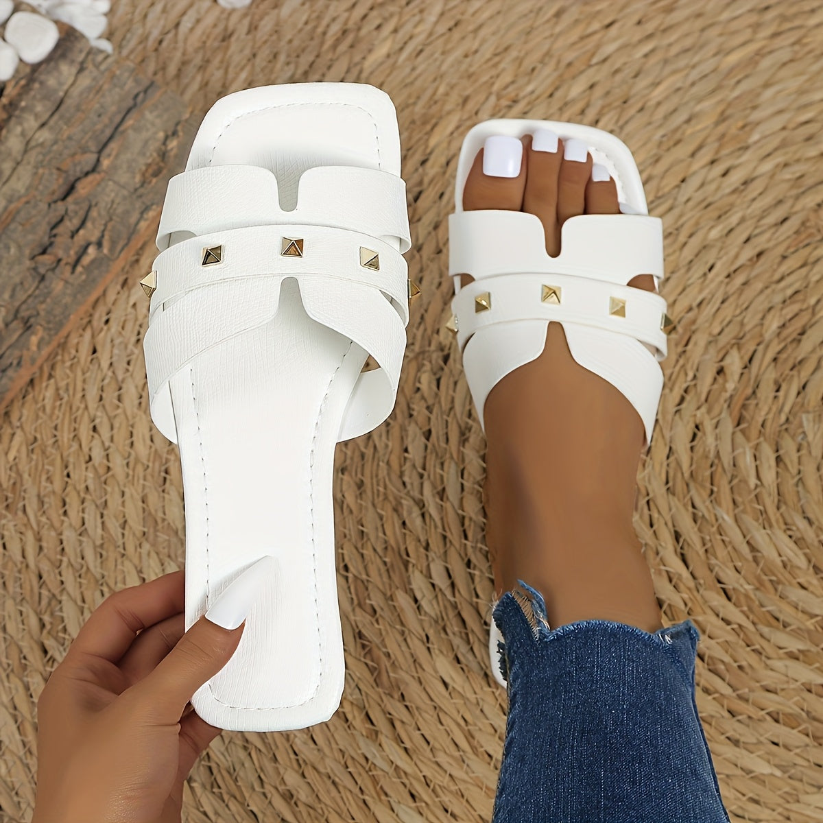 Women's Flat Sandals Solid Color PU Open Toe Slip-On Casual Shoes
