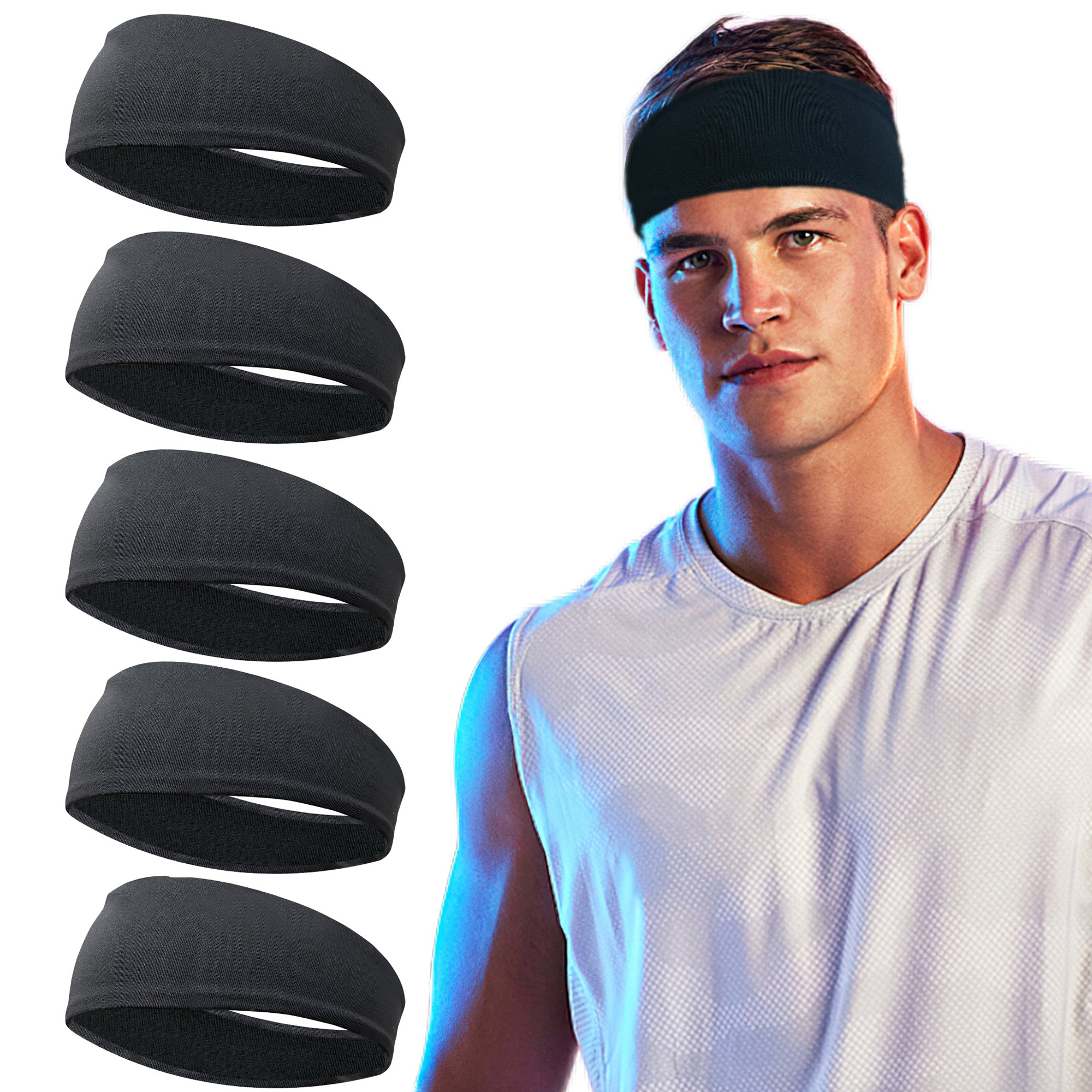 Men's Breathable Mesh Sports Headbands for Running Yoga Fitness Workout Pack of 5