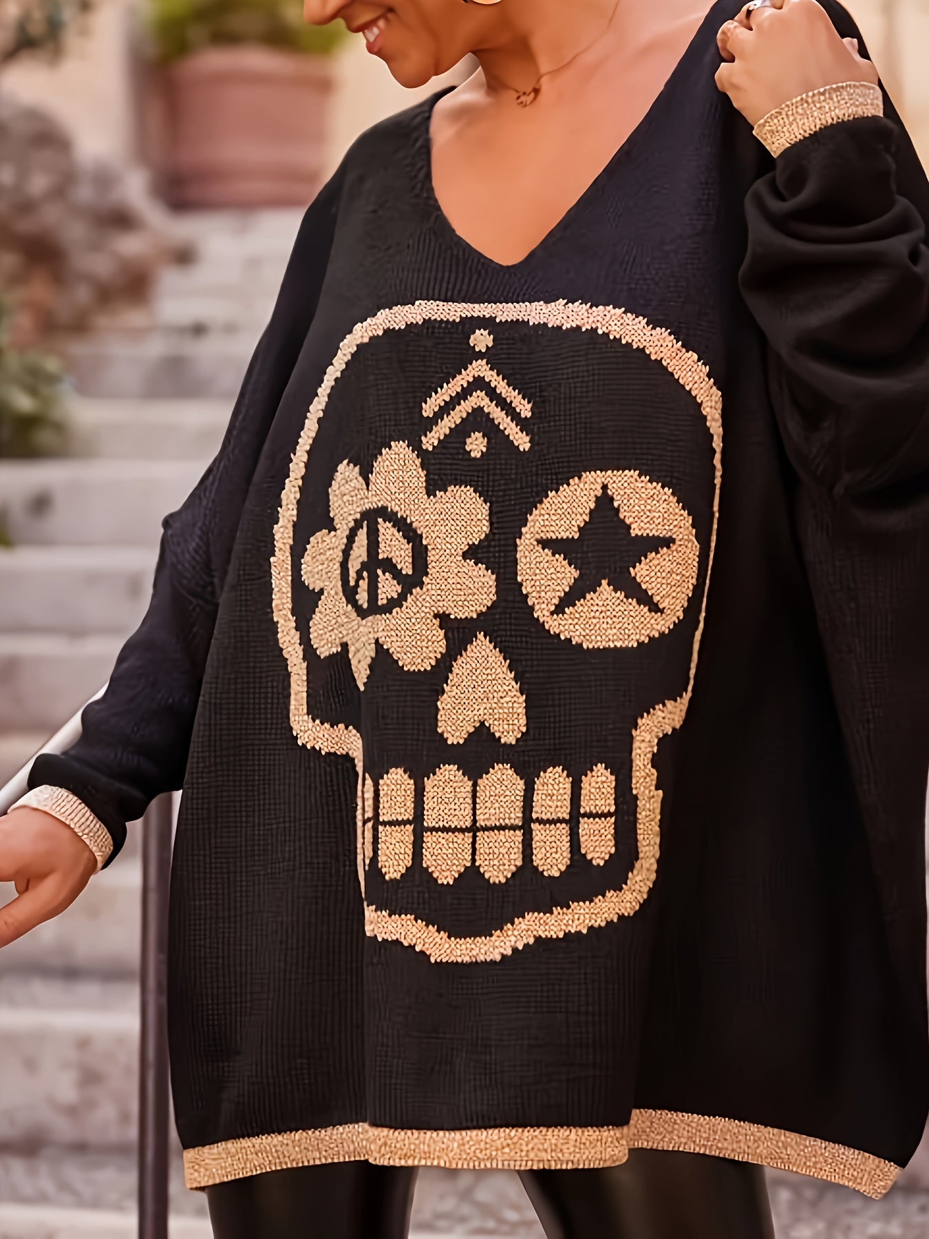 Plus-Size Women's Sweater V-Neck Skull Floral Geometric Long Sleeve Loose Fit Pullover
