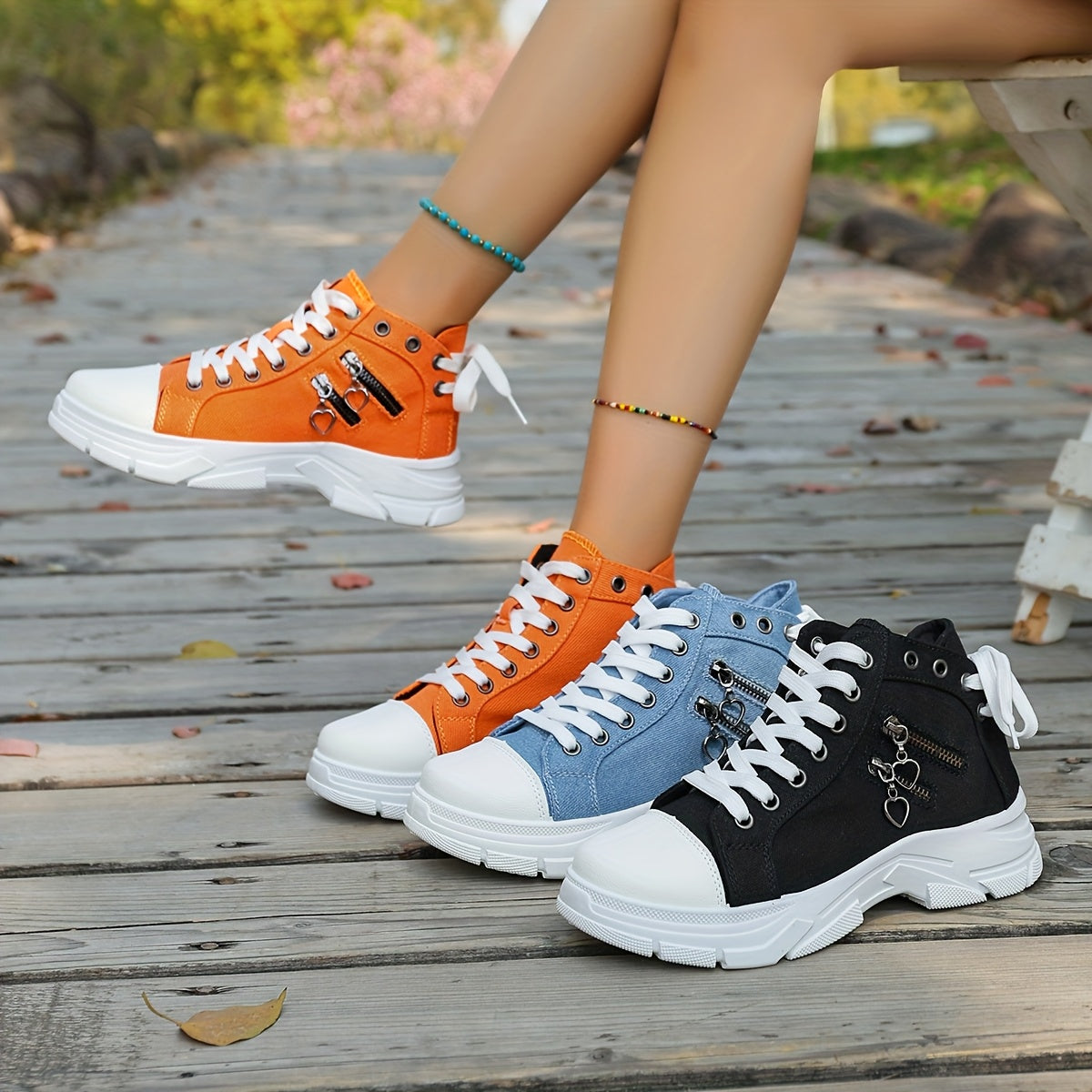 Men's Casual High-Top Sneakers Blue Denim Lace-Up Rubber Sole