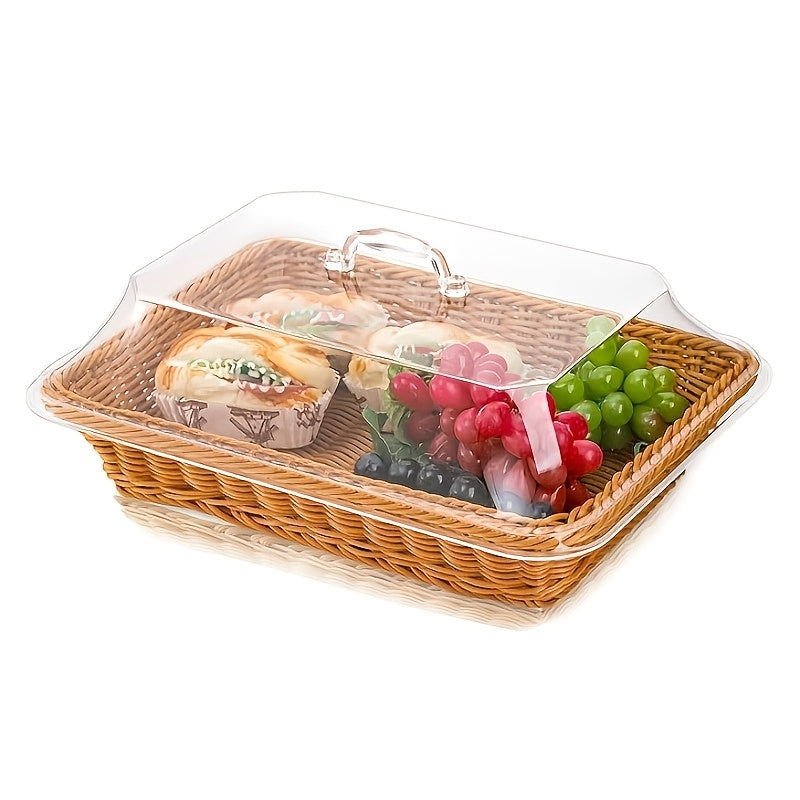 Wicker Bread Basket with Clear Acrylic Lid for Kitchen, Picnic, and Home Display
