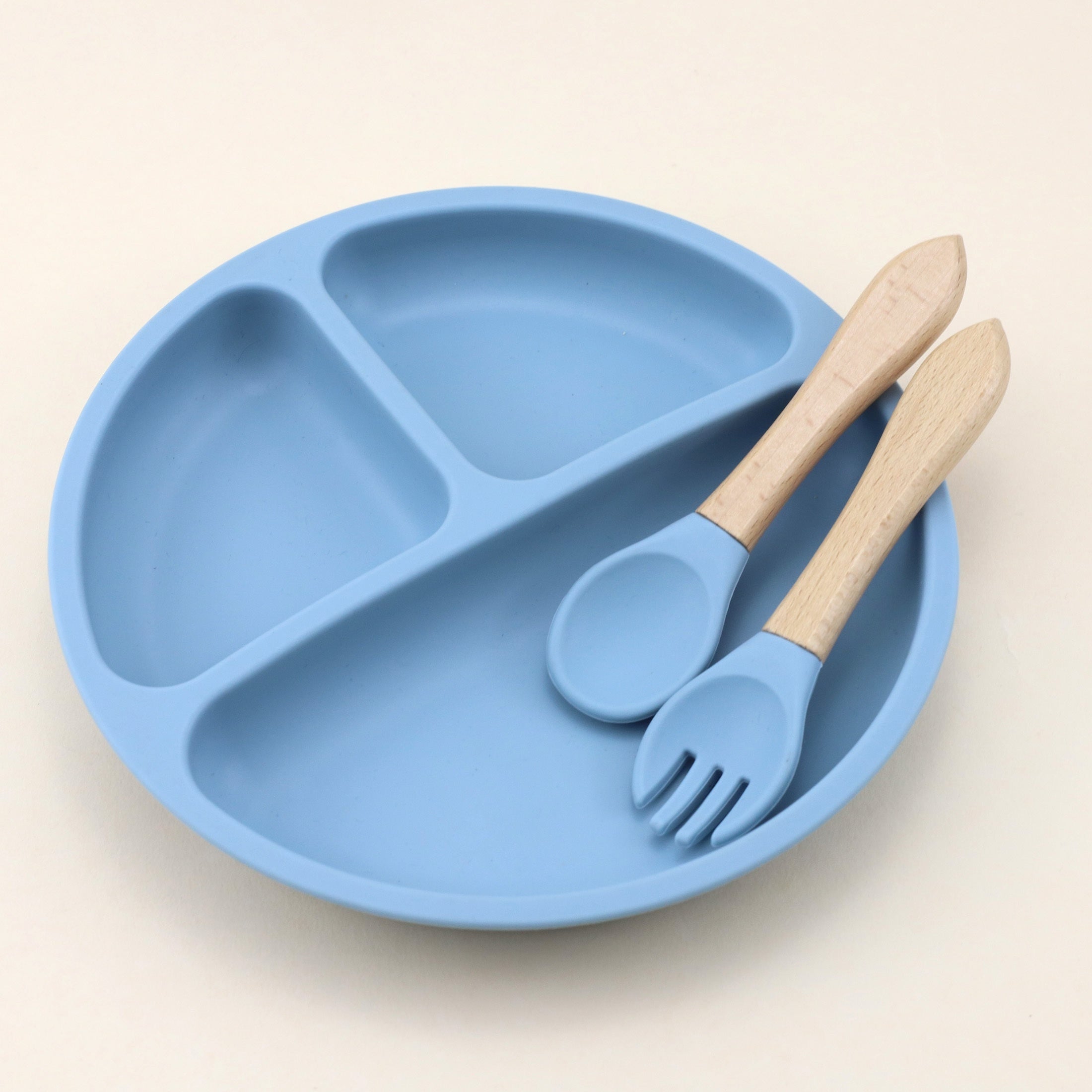 Baby Feeding Set 3-Piece Silicone Divided Plate with Suction Wooden Spoon Fork Red