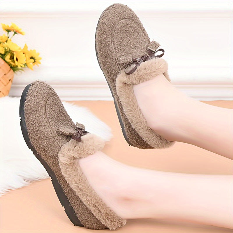 Women's Cozy Loafers Solid Color Microfiber Bow Non-Slip Rubber Sole All-Season