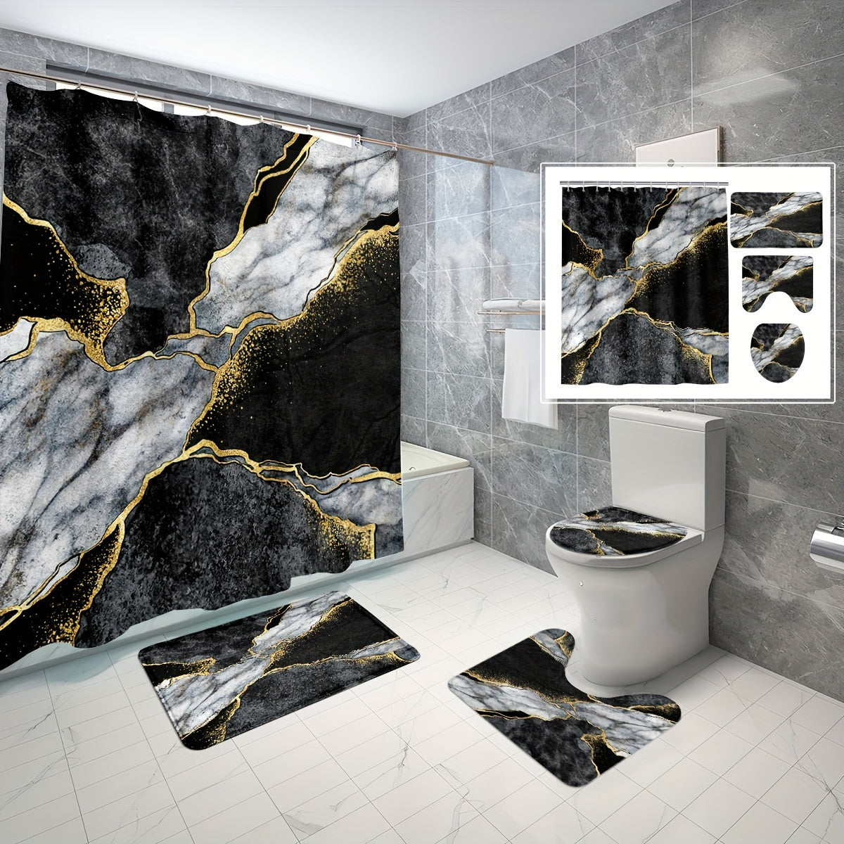 Marble Texture Shower Curtain Set with Black White Gold Crack Pattern Includes Hooks Bathroom Accessories