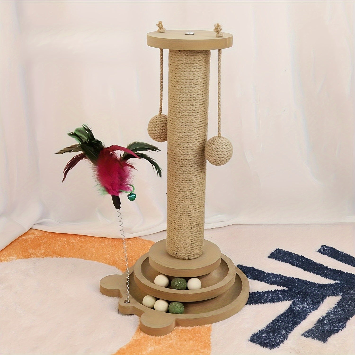 Sisal Cat Scratching Post with Rotating Base and Play Balls for Claw Care