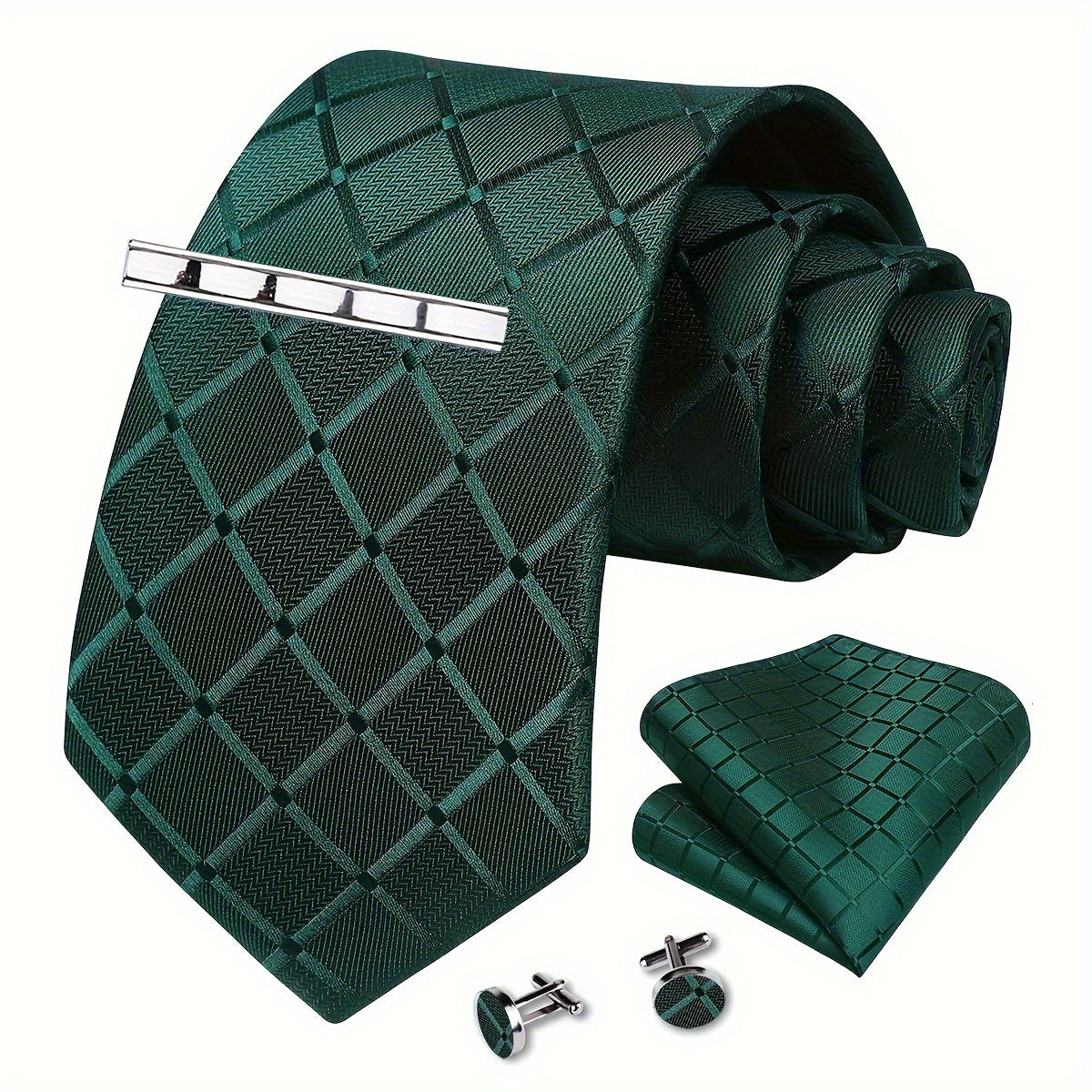 Men's Plaid Tie Set with Square Scarf Cufflinks for Weddings and Parties