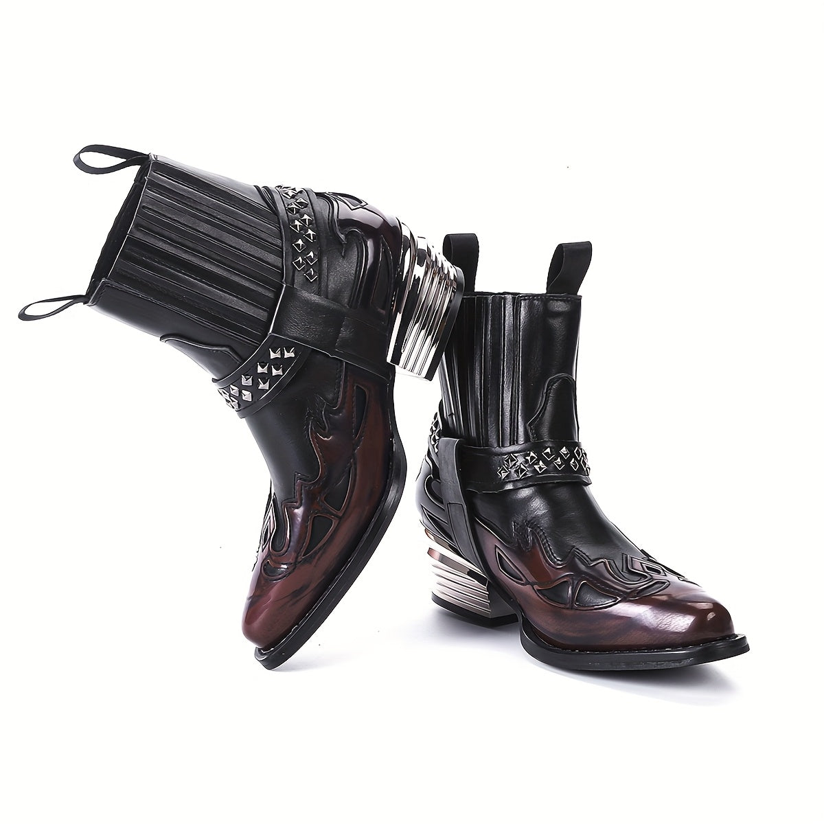 Women's Western Cowboy Boots Leather Slip-On Pointed Toe Chunky Heel