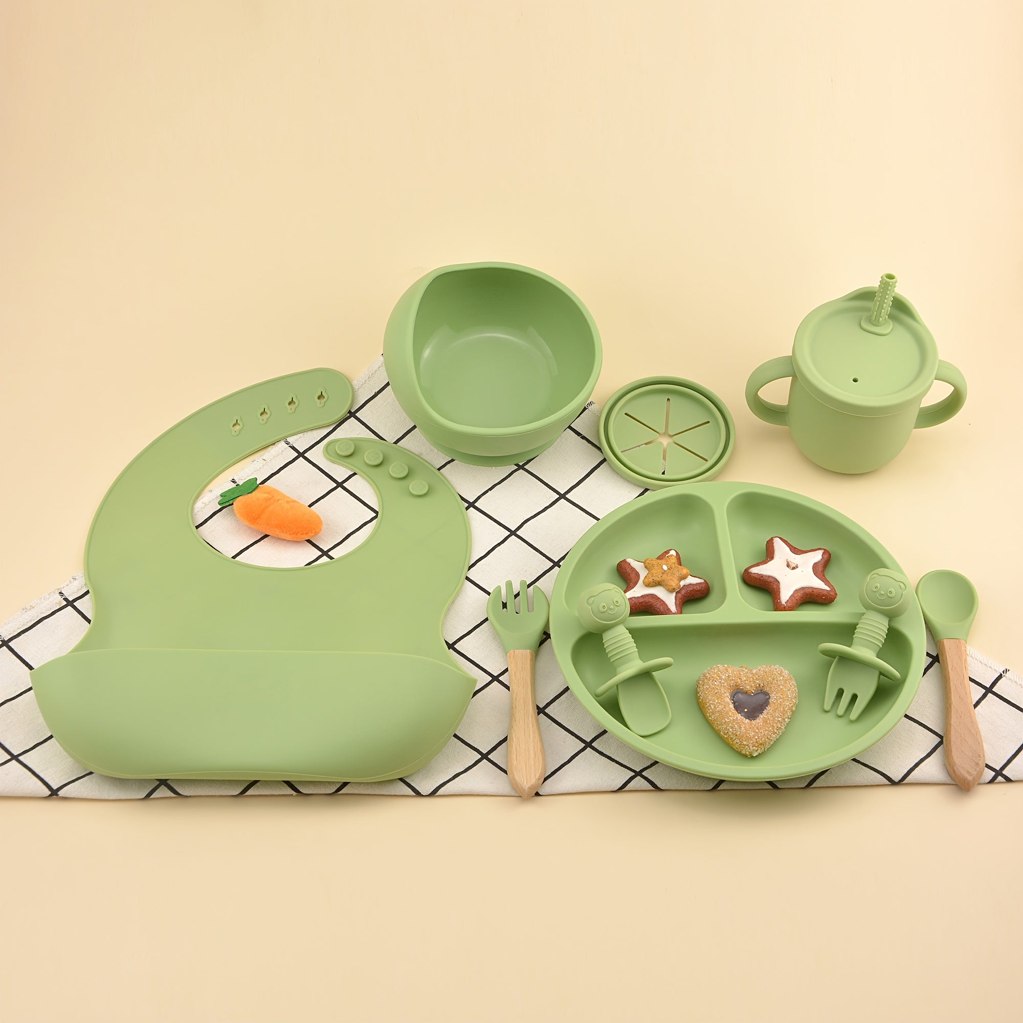 Set de alimentación para bebé 9 piezas, babero de silicona, plato con ventosa, plato, cuchara, tenedor, vaso para beber