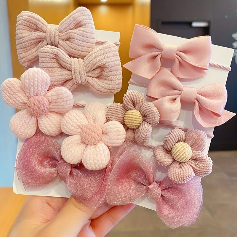 10-Piece Fabric Hair Ties for Women with Bows and Flowers, Cute Sweet Style, Non-Damaging Elastic Bands