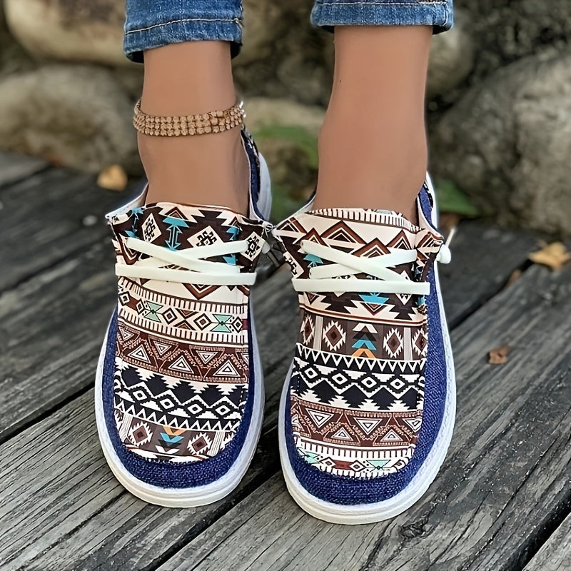 Women's Canvas Sneakers Casual Low Top Flat Shoes Lightweight Geometric Pattern